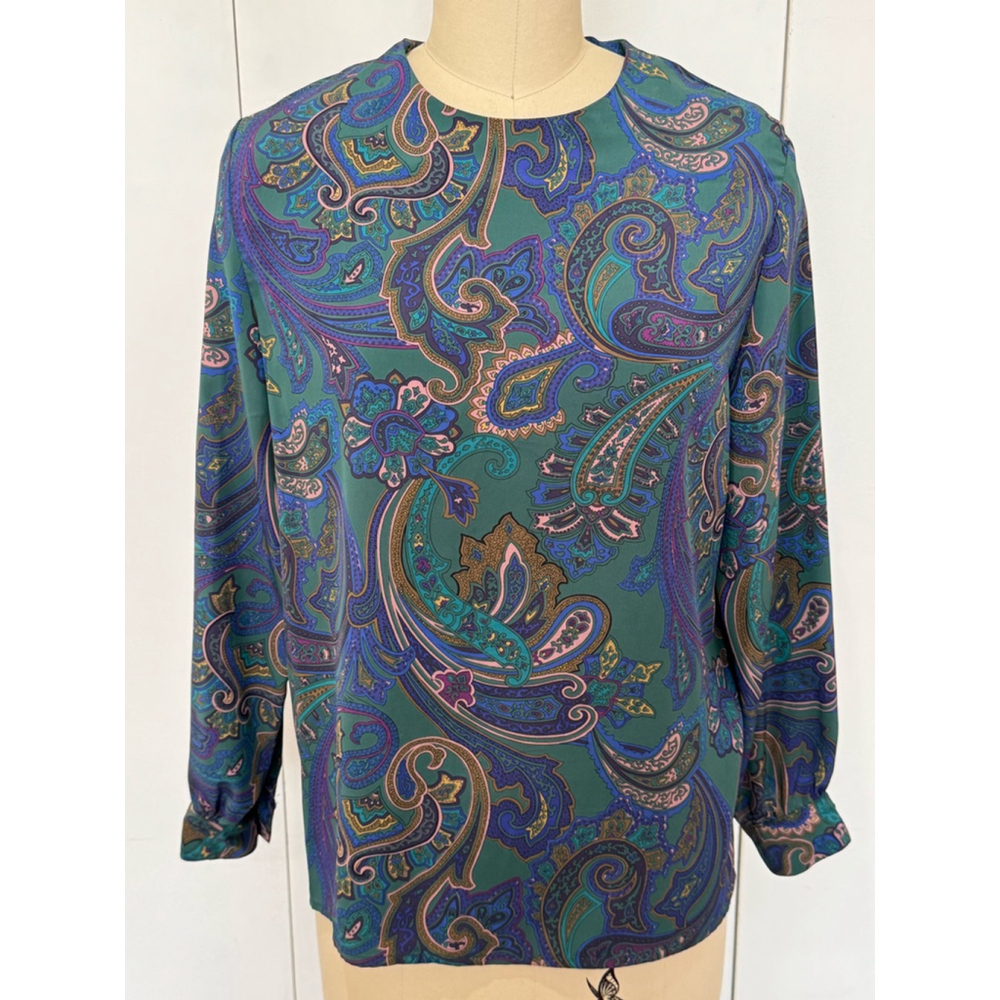 La Chine Classic vintage silky long sleeve Blouse Size M Green Paisley